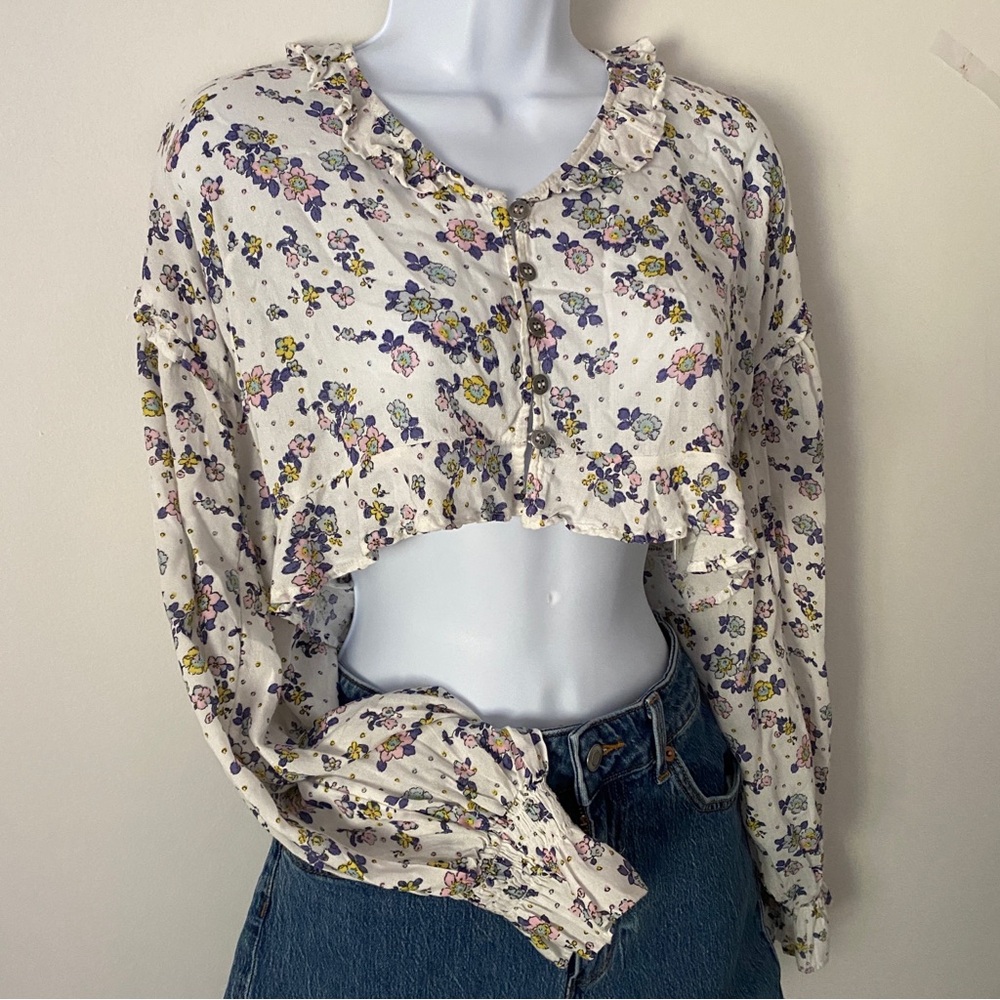 Free People Secret Garden Floral Ruffle Cropped Top Long Sleeve Blouse Lavender - Picture 3 of 13